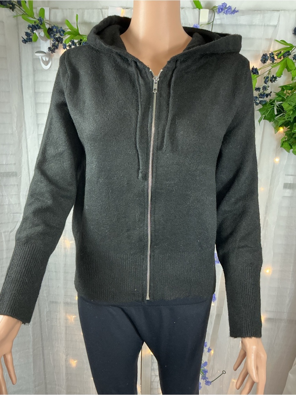 Zenana Sweater Zip-up hoodie-BLACK